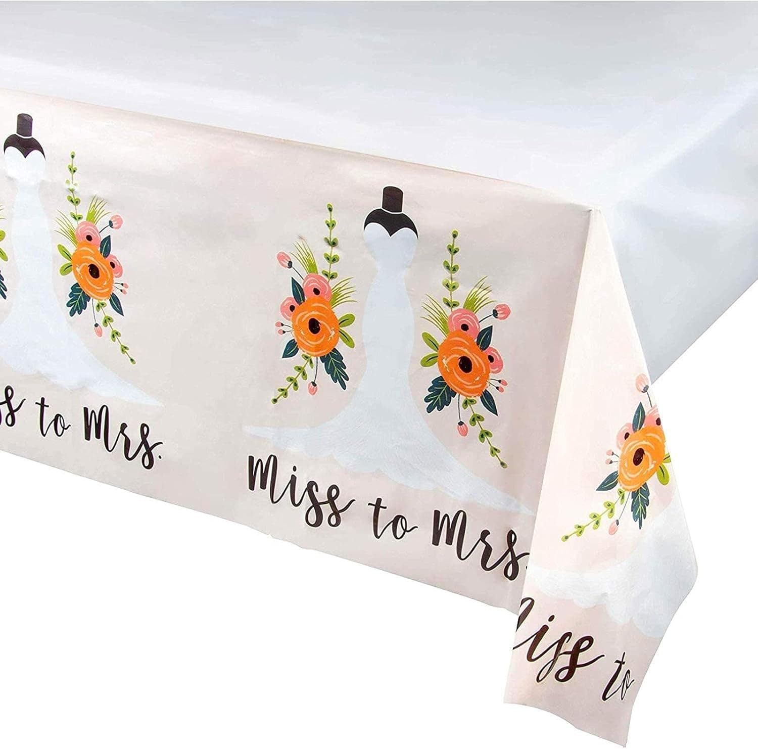 Bridal Shower Plastic Tablecloth Set, Floral Wedding Dress Design (54x108 In, 3 Pack)
