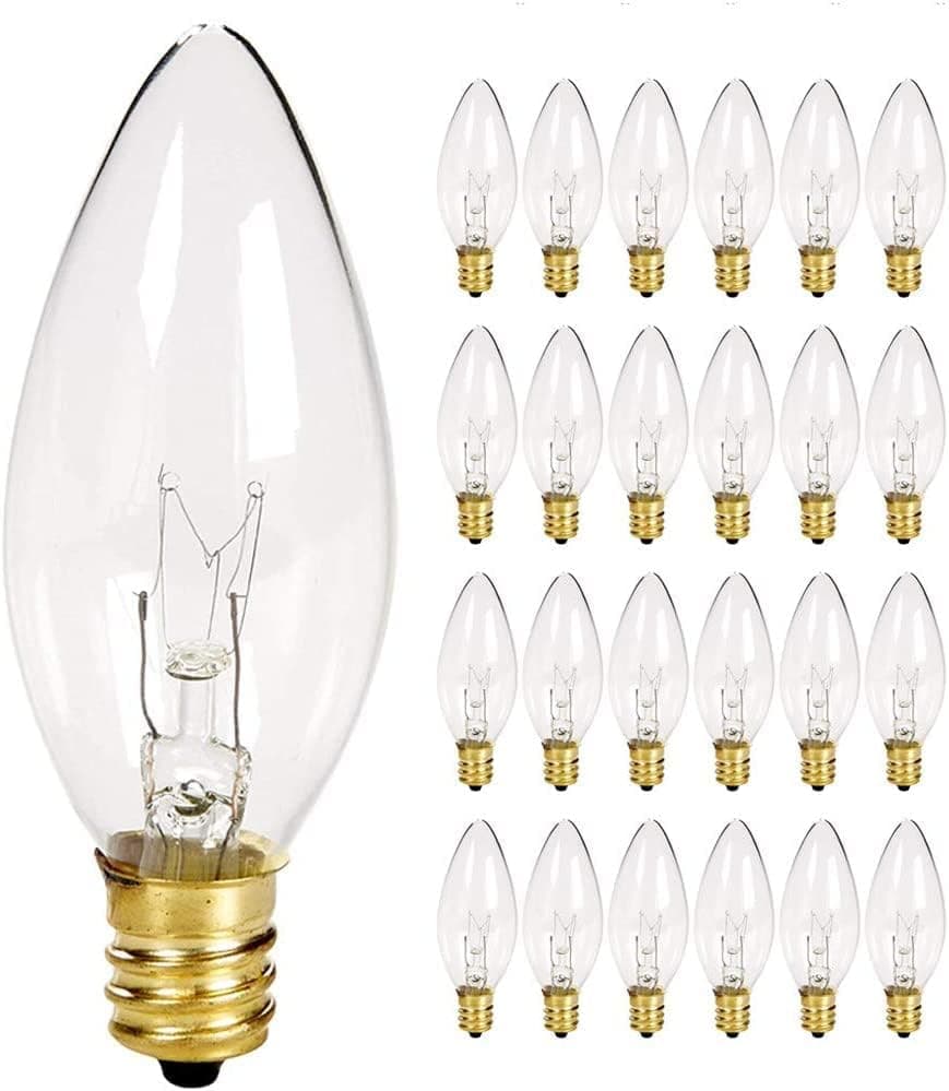 Supernoor 25 Pack Clear Torpedo Tip Replacement Bulbs,7 Watts Replacement Light Bulbs C26 Window Candle Bulbs,Electric Candle Light Bulbs,Chandeliers Clear Incandescent E12 Candelabra Base 120V Bulbs