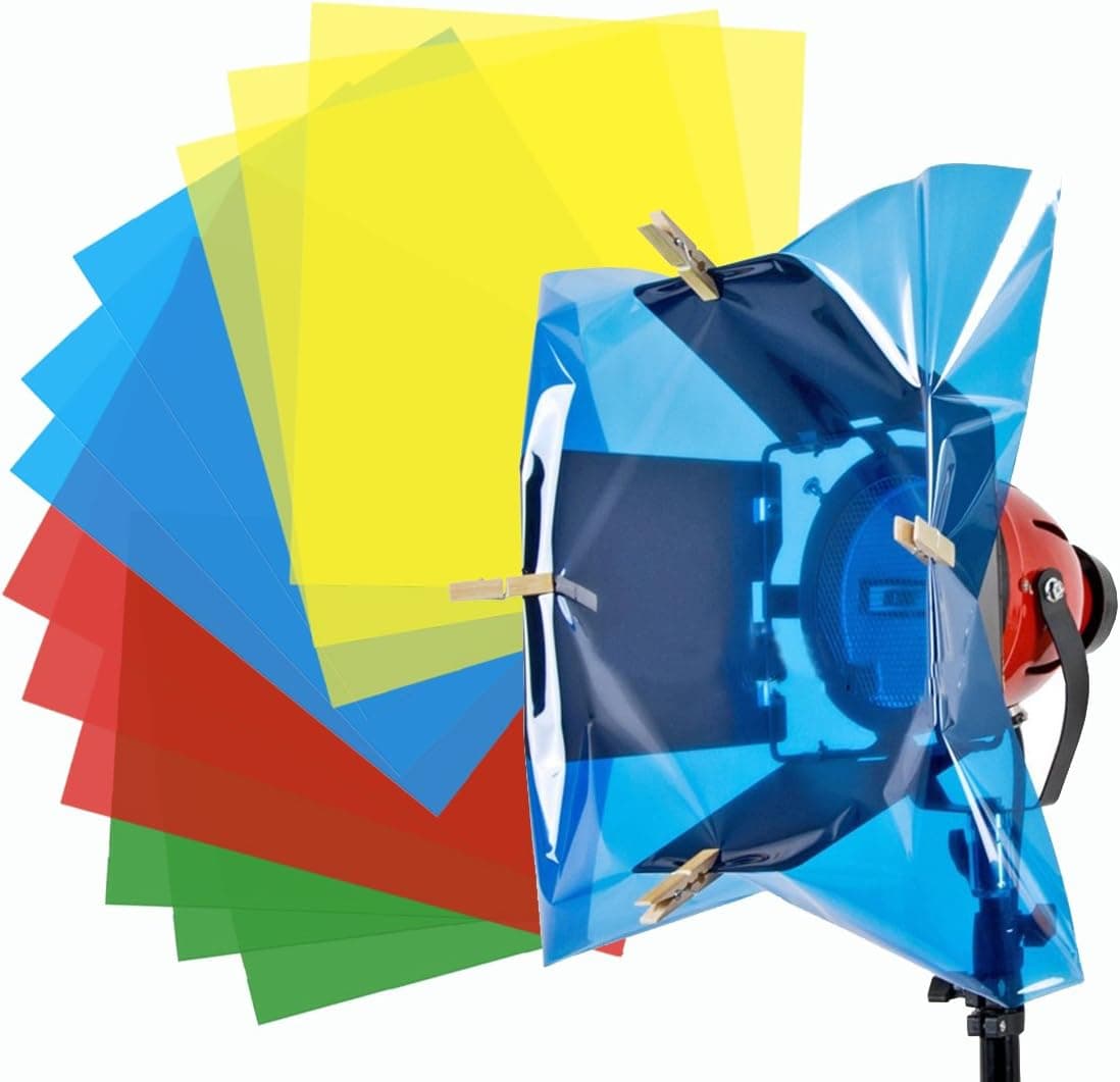 Selens 12 Pack 15.8X19.7inch/40X50cm Gels Color Filter Paper for Photo Studio Red Head Light Strobe Flashlight with 10 Wooden Clips Dark Red/Blue/Green/Fluorescent Yellow