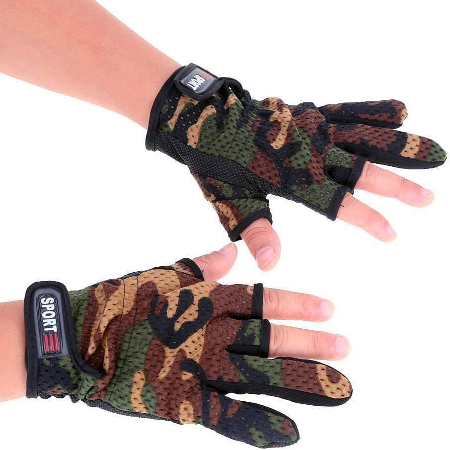 Sougayilang 3 Low-Cut Fingers Skidproof Fishing Gloves Anti Slip Fishing Rod Tackle Gloves Outdoor Sports (Camouflage)