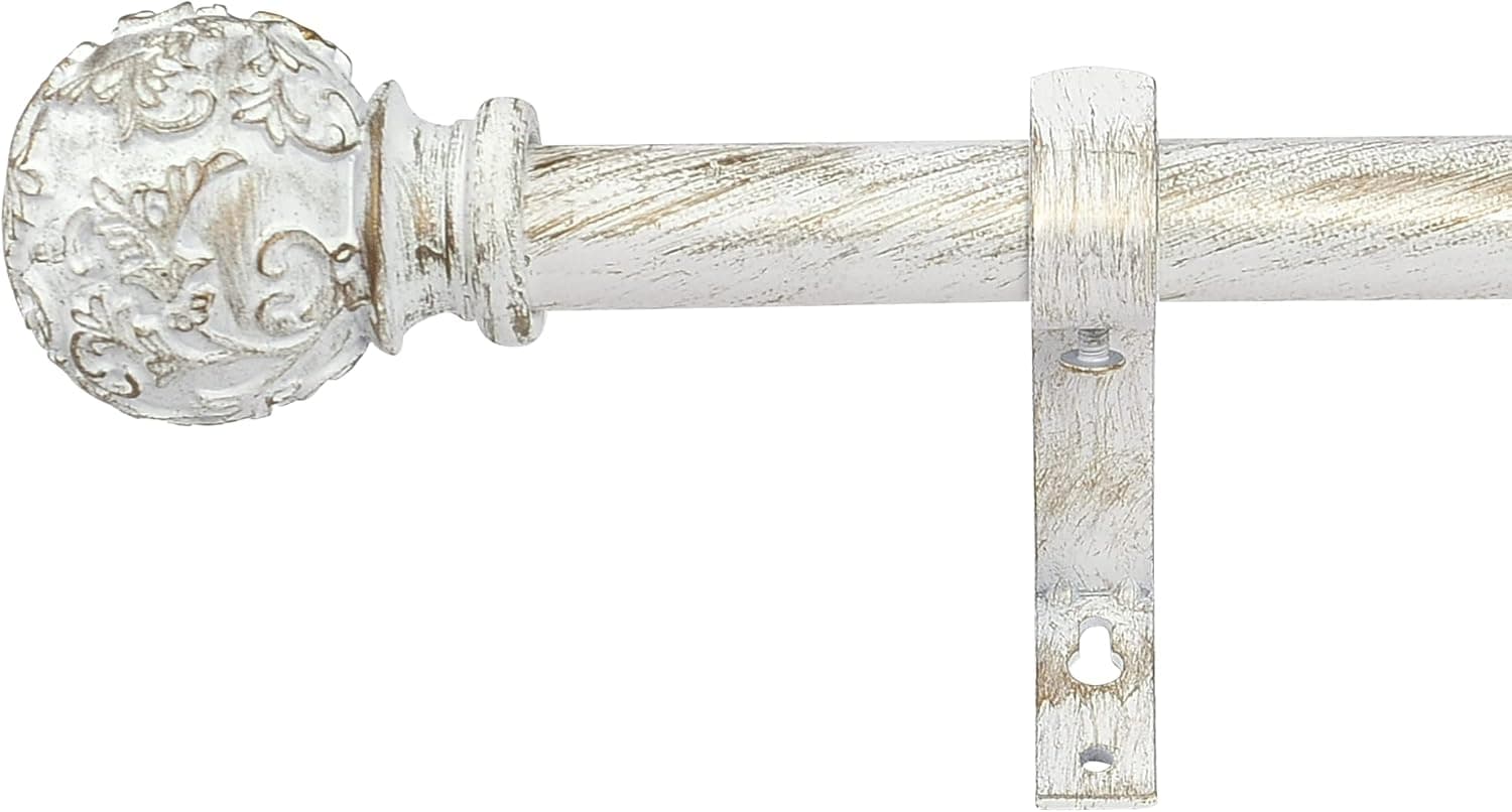 RYB HOME White Curtain Rod 48 to 86 Inch, 1 Inch Diameter Adjustable Telescoping Single Drapery Rod with Leaf Pattern Ball Finals Rustic Decor for Farmhouse Dining Room Decor Kids Bedroom