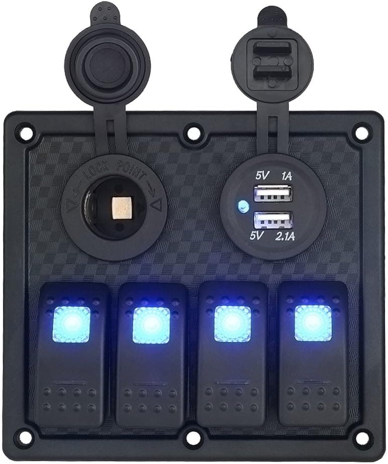 T Tocas Boat Car Marine Switch Panel 4 Gang,Blue LED Indicator Rocker Blank Switch Panel with Dual USB & Power Socket 12V-24V