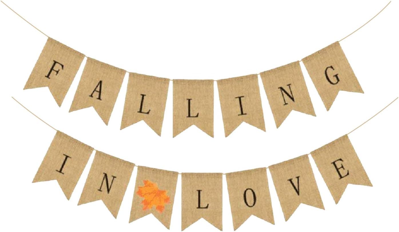 Falling In Love Burlap Banner – No DIY Required | Maple Leaf Vintage Retro Style | Great for Bridal Baby Shower, Thanksgiving Day Decorations, Valentines, Anniversary, Home Office Decor Accessories