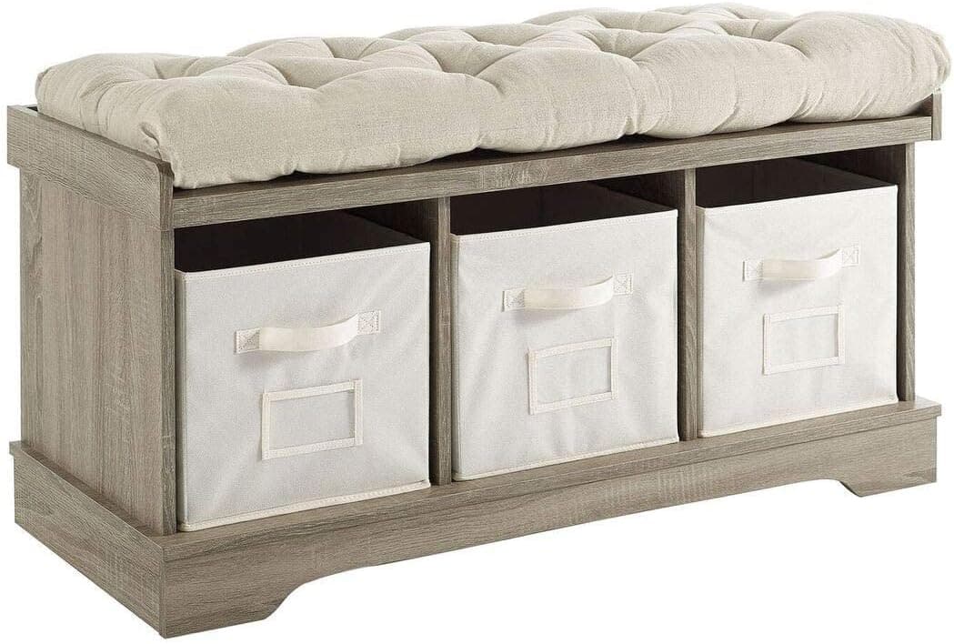 Walker Edison Modern Farmhouse Entryway Shoe Storage Bench Totes Upholstered Cushion Hallway Organizer, 42 Inch, Grey Wash