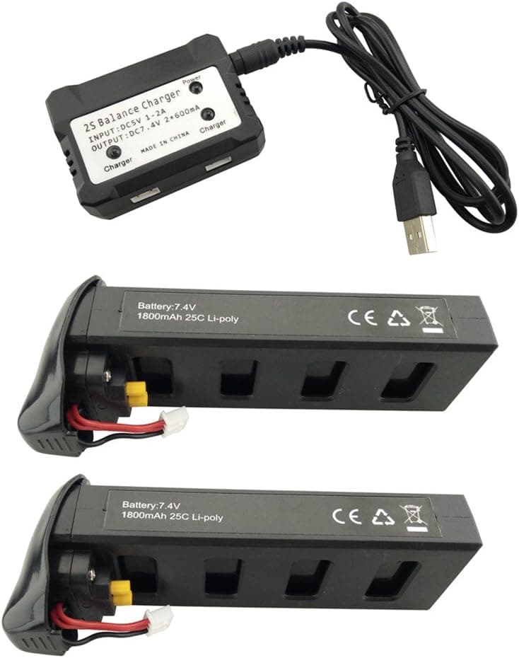 Fytoo 2PCS 7.4V 1800mAh Lithium Battery &1PCS 2-in-1 Charger for MJX B2C B2W B2 Bugs 2w Bugs 2 F18 F200SE RC Helicopter Spare Parts Drone Battery (Black, 2pcs Batteries+1pcs Battery Charger)