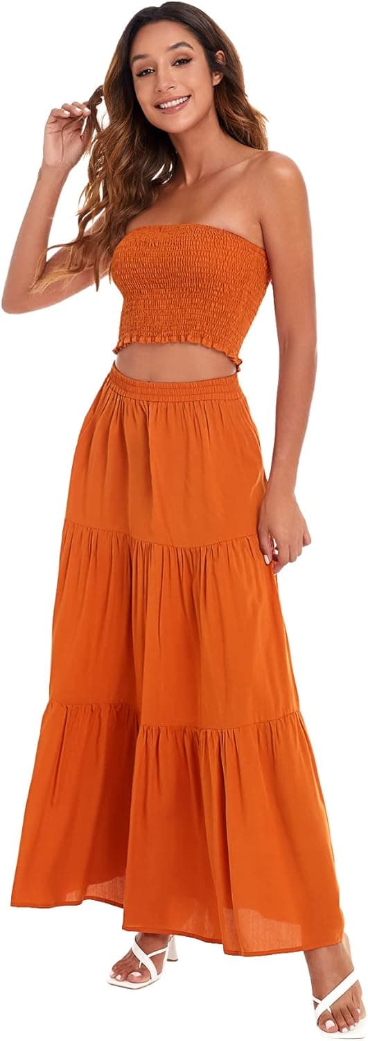 Floerns Women's Summer Printed 2 Piece Outfit Crop Tube Tops and Split Long Skirt Set