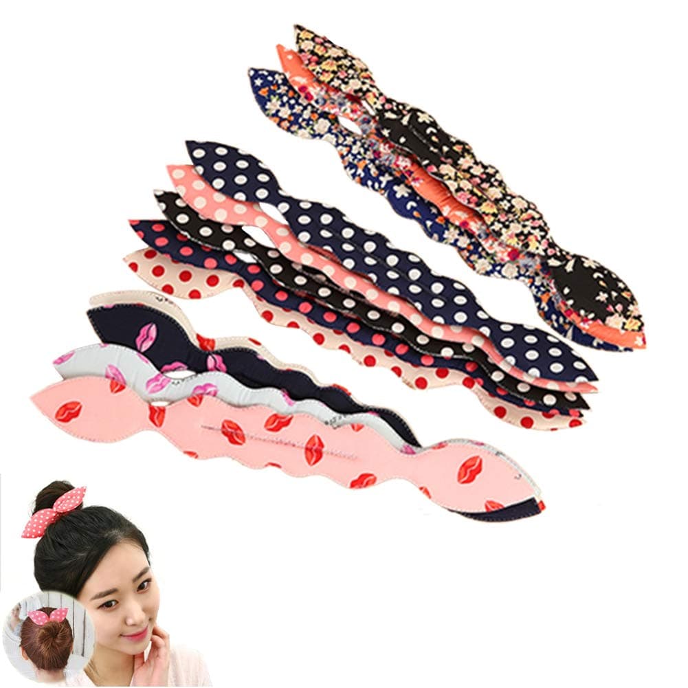 Lovef 6Pcs Women's Korean Magic Hair Accessories Cute Rabbit Bunny Ear Sponge Hair Styling Tools Polka Dot Bow Hair Bun Maker Bun Curler Twist for Ponytail