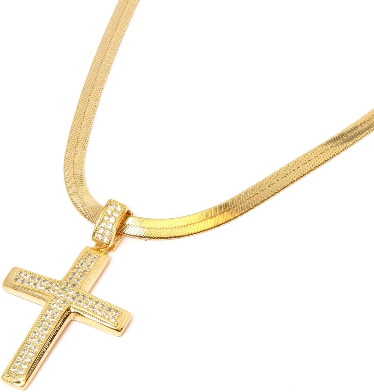 CS-DB 14k Gold Plated 2 Line Fully Cz Cross Pendant 24''Herringbone Necklace Chain