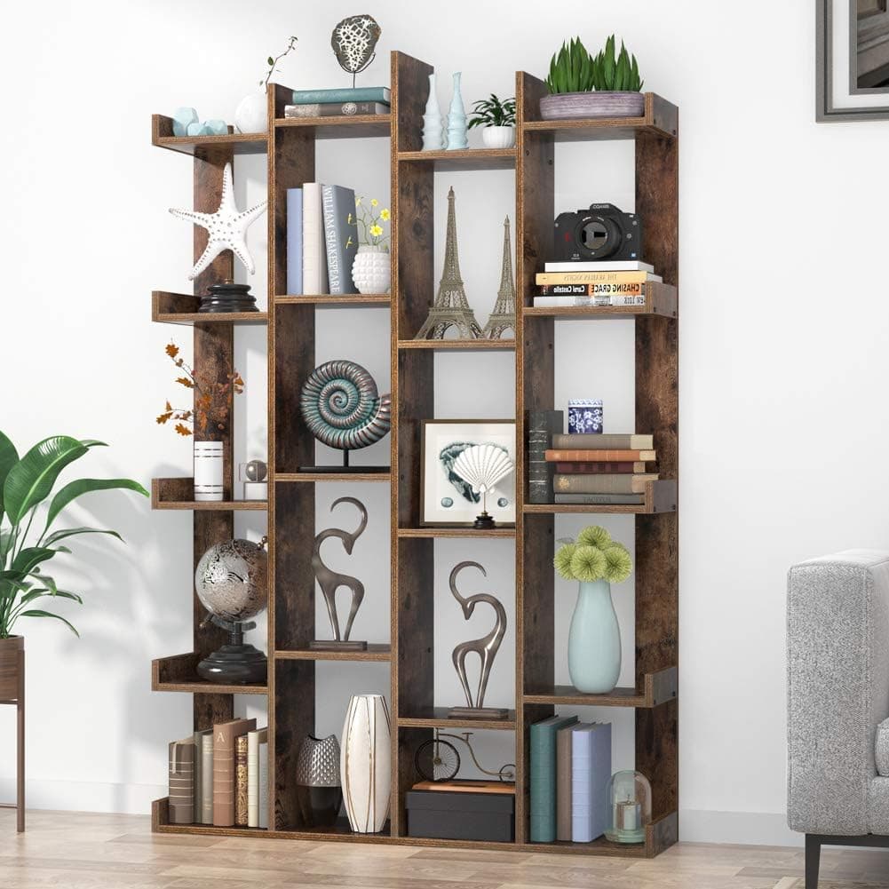 Tribesigns 18-Shelf Bookcase, Vintage Tree Bookshelf Book Rack Display Shelf Storage Organizer for CDs, Records, Books, Home Office Deco (Rustic Brown)