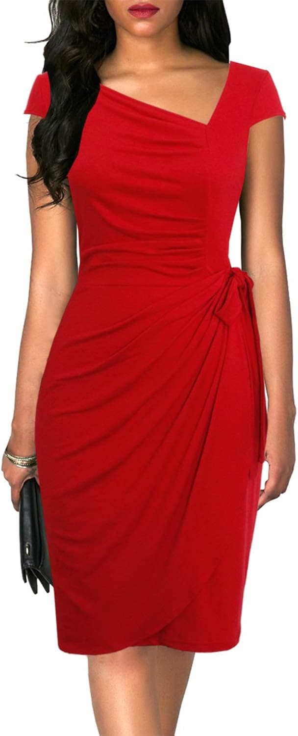 Liyinxi Women's Retro 1950s Cap Sleeve Knee-Length Sheath Slim Business Casual Party Ruched Bodycon Faux Wrap Dress