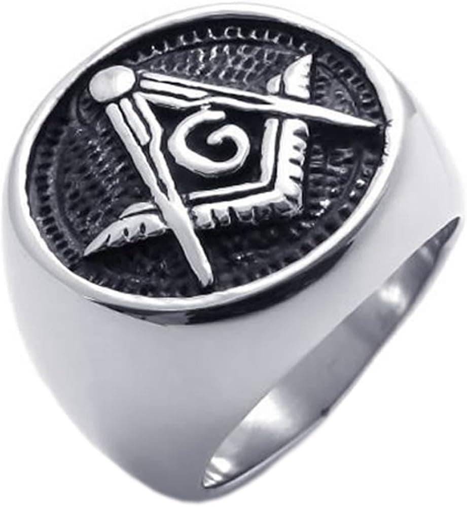 KONOV Embossed Stamped Freemason Masonic Stainless Steel Black Enamel Mens Ring