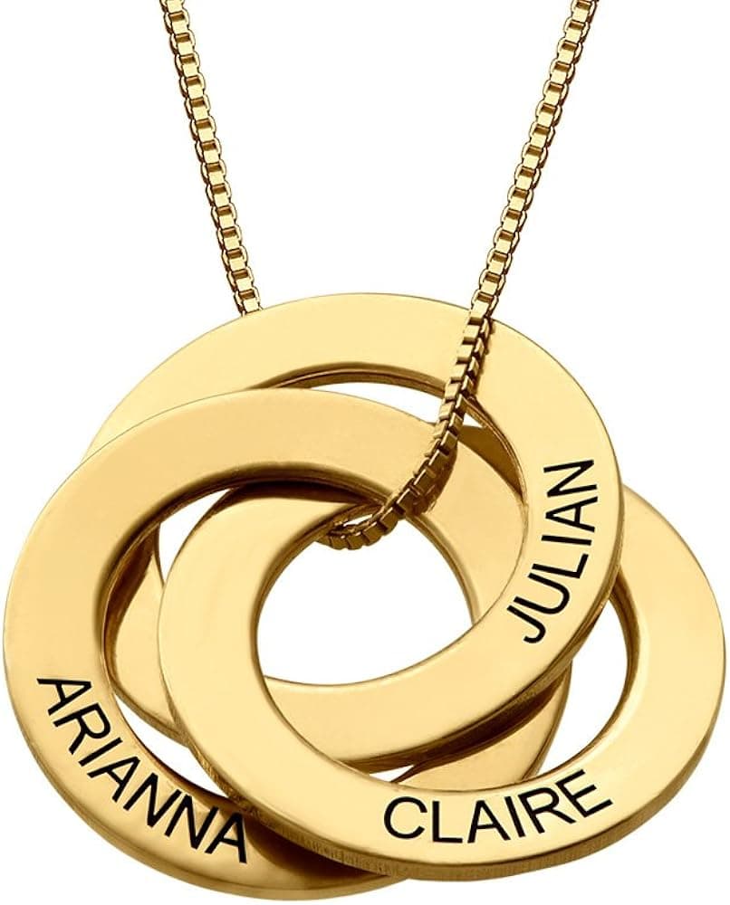 MYKA - Personalized Engraved Russian 3 Ring Necklace in 925 Sterling Silver, Gold & Rose Gold Plated, Vermeil - Custom Inscribed Intertwined Disc Pendant with Names - Jewelry for Women, Mom, Her - Dainty Gift for Mother’s Day, Anniversary, Christmas, Birthday