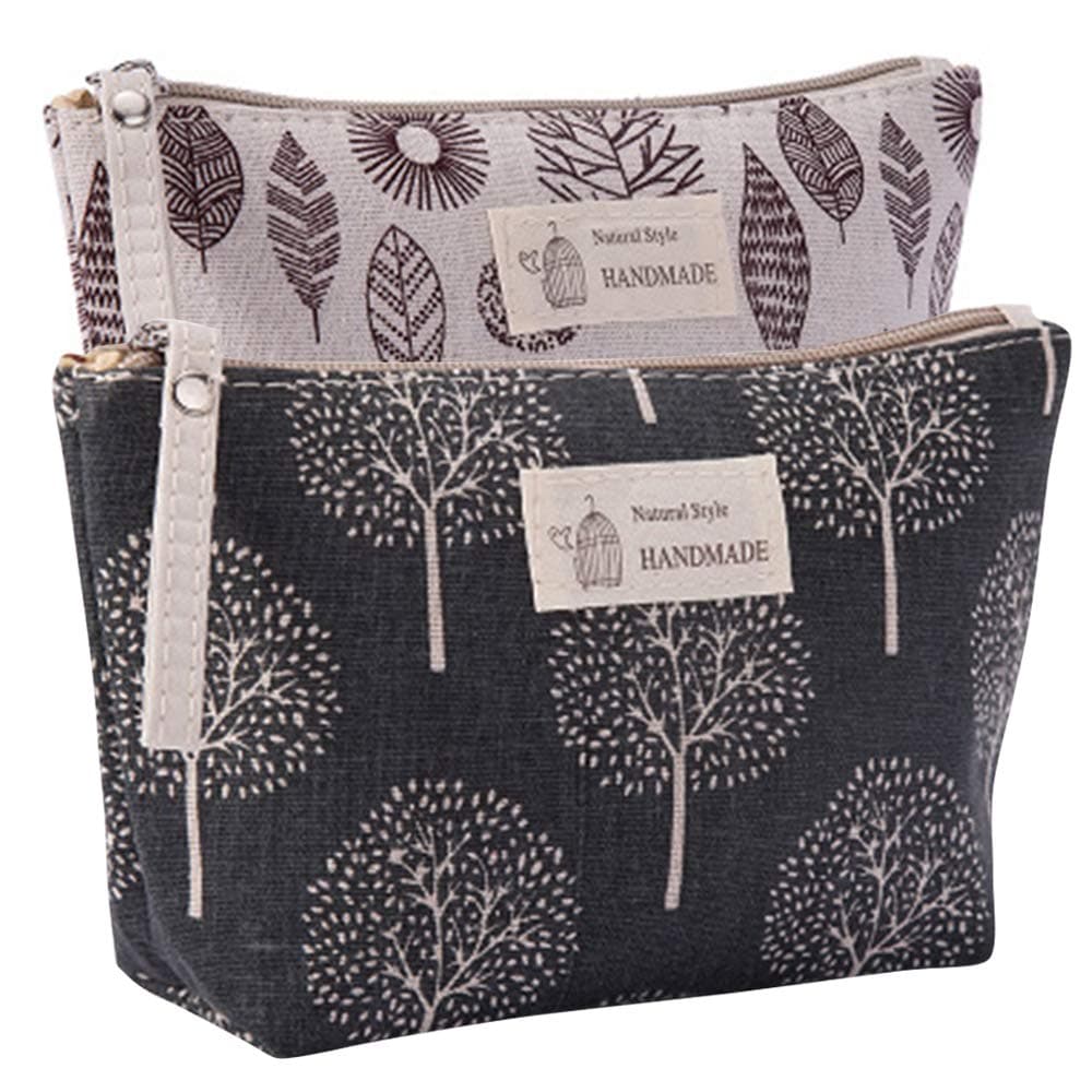 Kimoli 2 Pcs Canvas Cosmetic Bags, Printed Makeup Bag, Multi-Function Travel Toiletry Case, Coin Pouch Purse