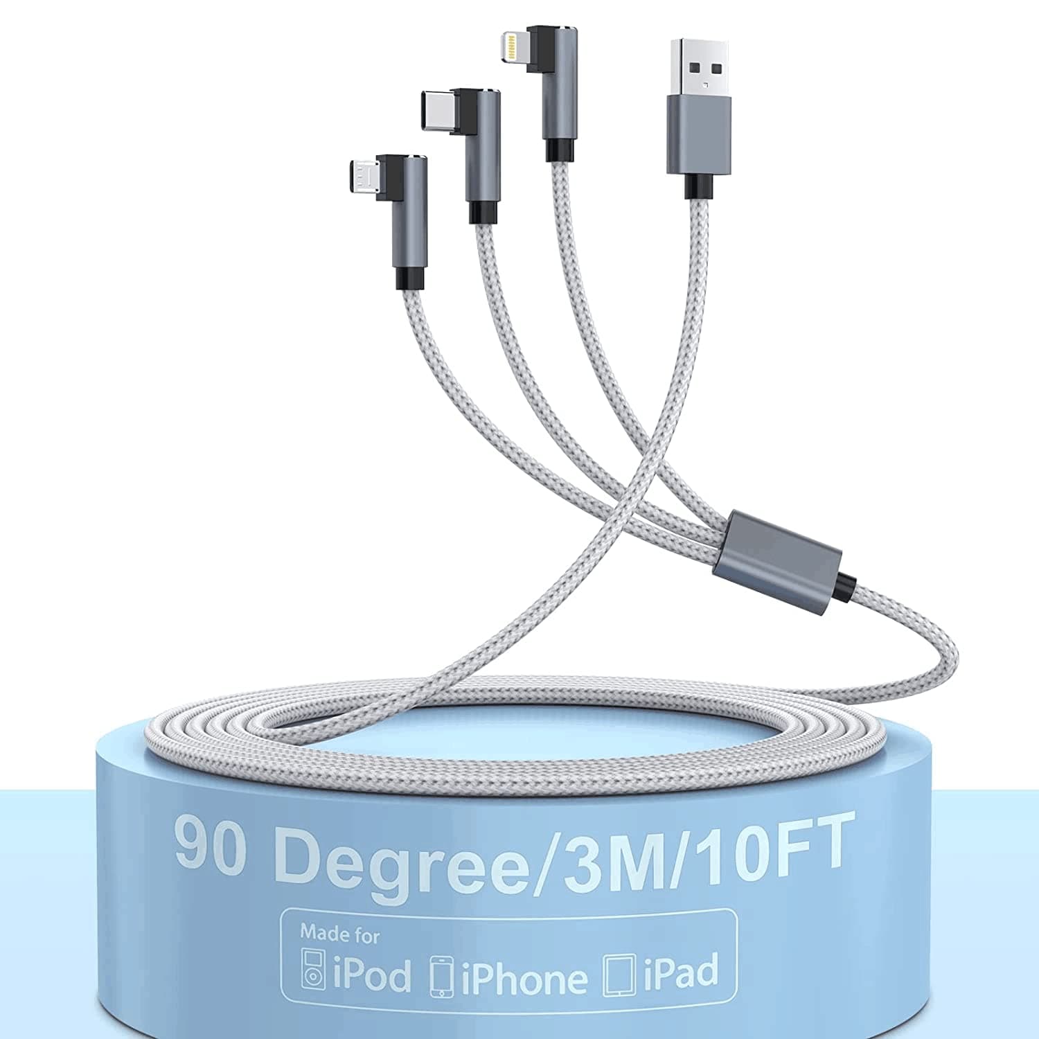 90 Degree Multi USB Universal iPhone Charging Cable 3M/10FT, 3 in 1 USB to Lightning+Type C+Micro USB Nylon Braided Phone Sync Charger Cord Fast USB Charging Cable for iPhone/Android/Samsung
