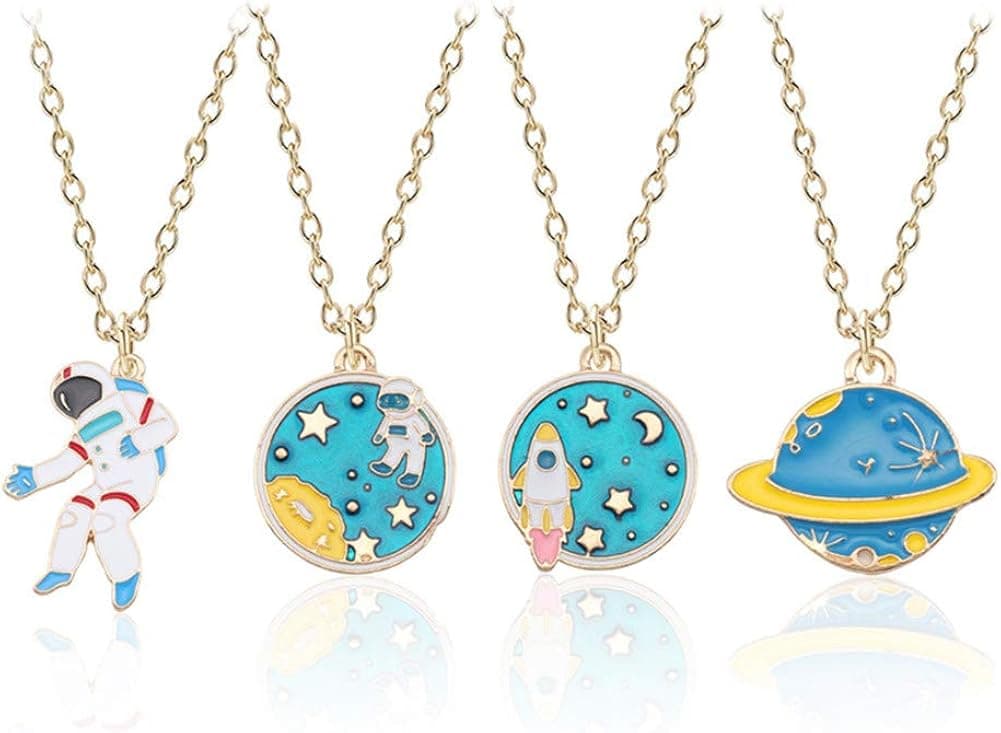 4PCS One Set Blue White Astronaut Spaceman 18K Gold Plated Round Universe Rocket Charm Pendant Necklace