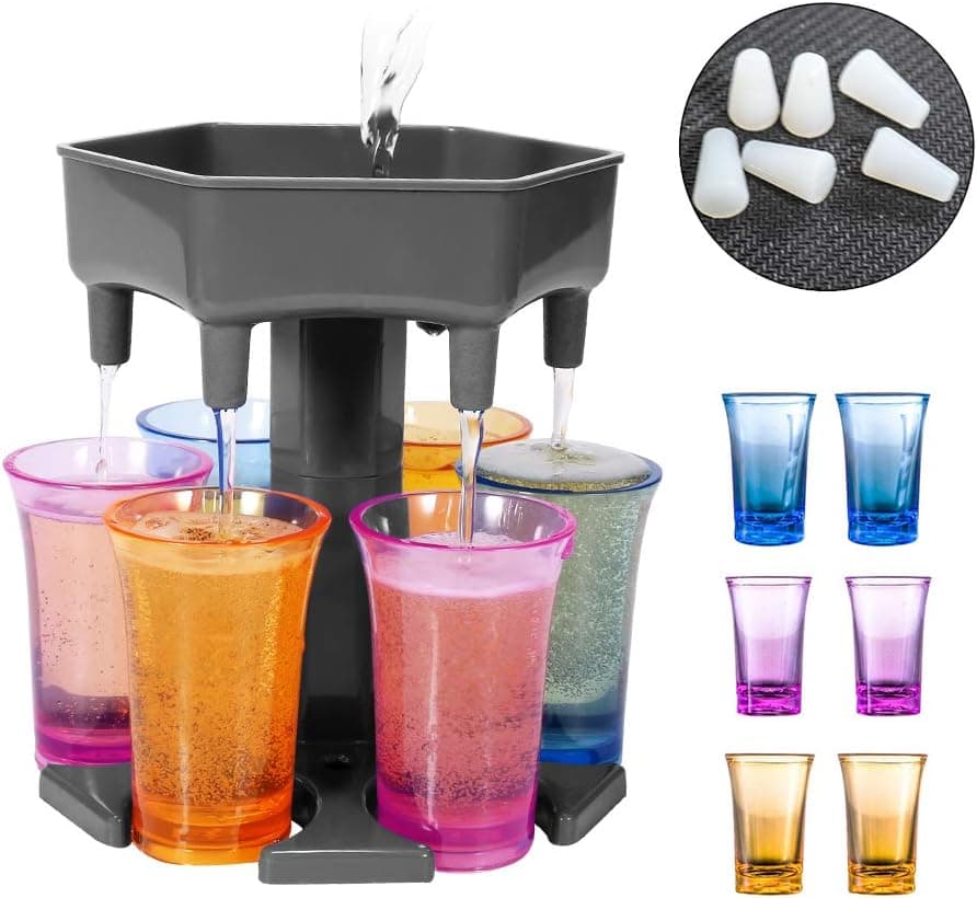 6 Shot Glass Dispenser and Holder - Shot Dispenser with 6 Shot Glasses and 6 Silicone Plug for Filling Liquids, Home Party Bar Shot Dispenser