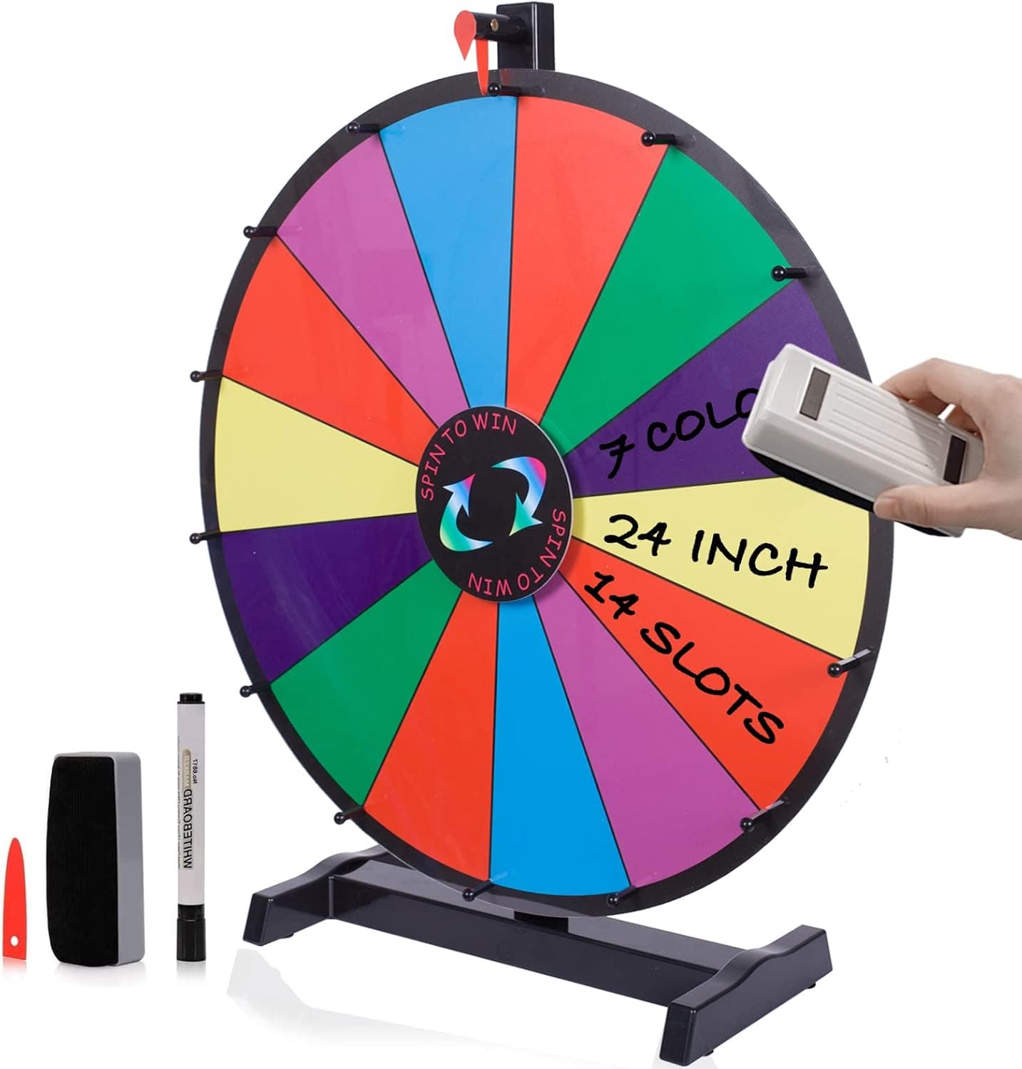 Hooomyai 24 Inch Spinning Wheel for Prizes 14 Slots Colorful Tabletop Prize Wheel Spinner Spin to Win Fortune Game with Dry Erase Markers & Eraser for Carnival Party