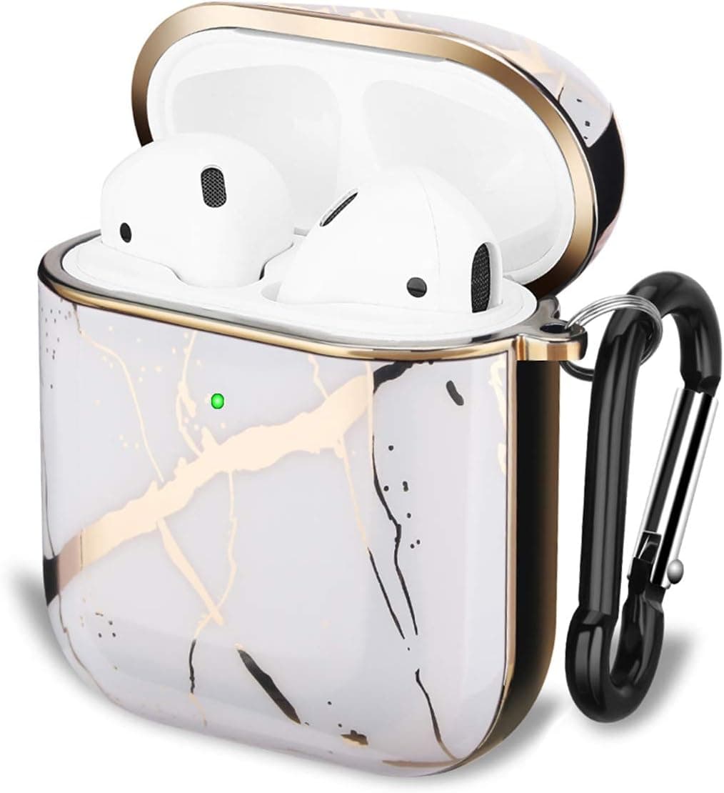 Airpods Case, SANKTON 360° Protective Chrome Stylish Marble Design for Airpods 1st/2nd Charging Case (White Gold Marble)
