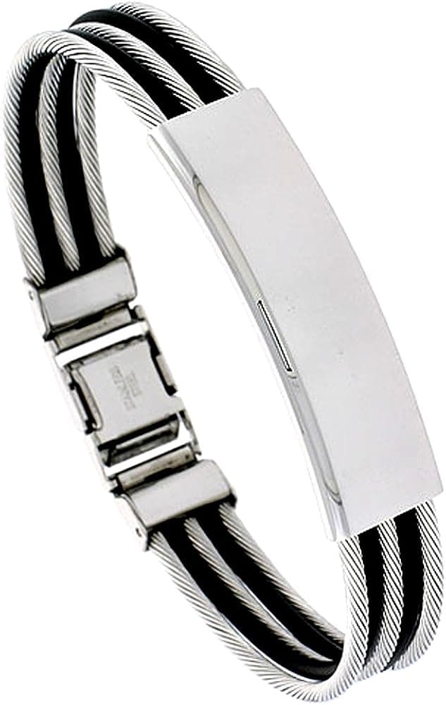 Sabrina Silver Stainless Steel Cable Bracelet ID Plate Black Rubber Accent, 8 inch Long