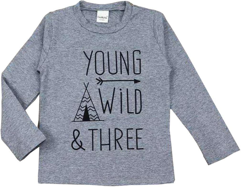 Toddler Kids Boys Young Wild and Three Long Sleeve 3rd Birthday Shirt Tops Third Birthday Outfit