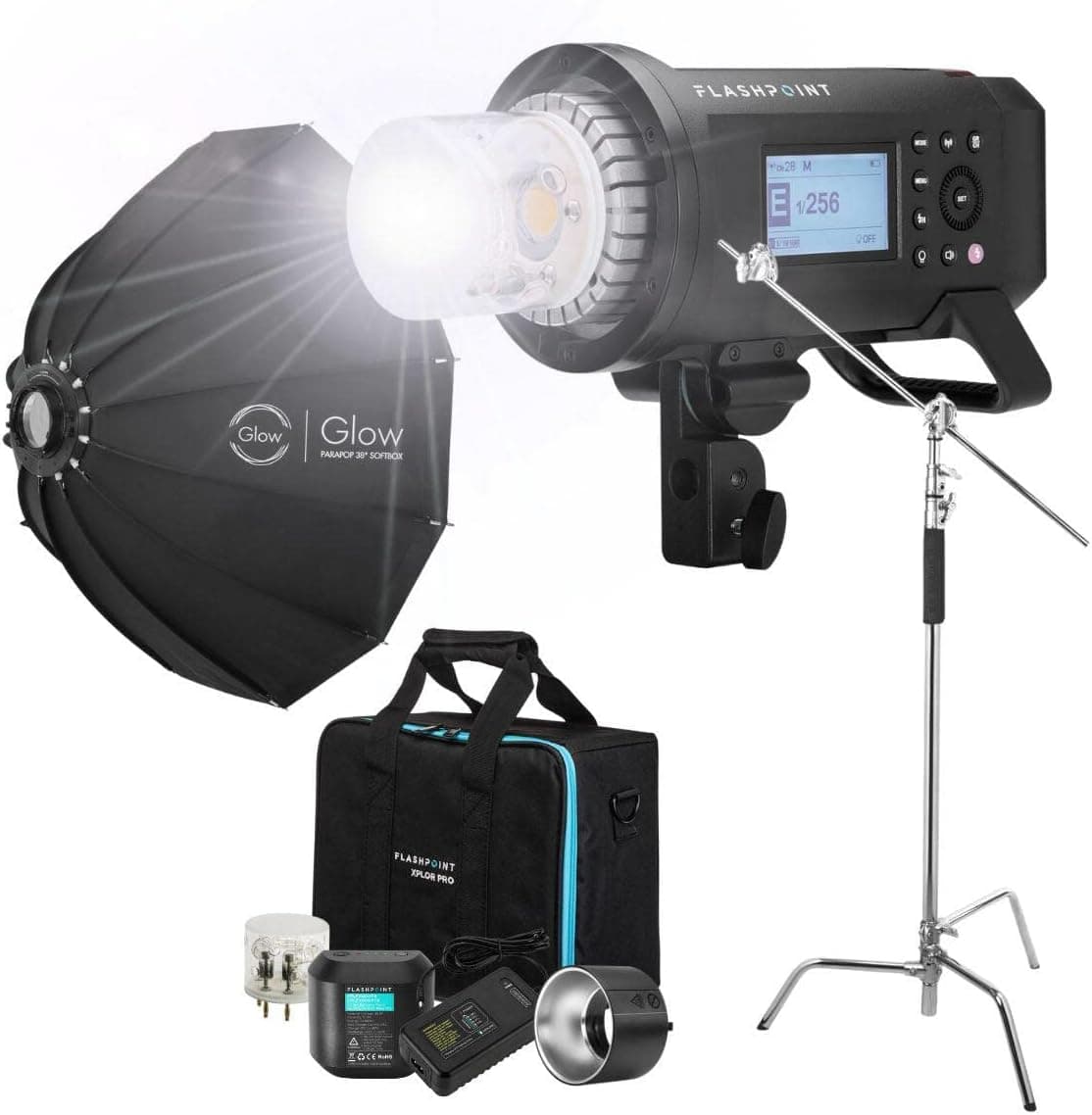 Flashpoint XPLOR 600PRO R2 TTL Battery-Powered Monolight Kit with Glow ParaPop and C-Stand.