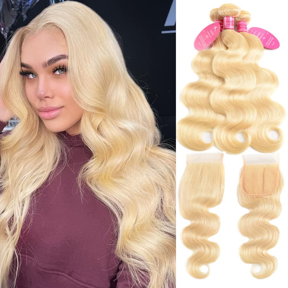 613 Blonde Bundles With Closure Brazilian Body Wave 3 Bundles With Closure Blonde Human Hair Bundles With Closure Remy Hair (12 14 16+10, 613#)