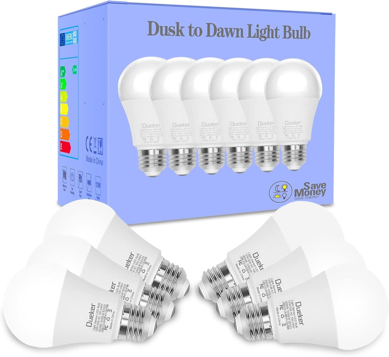 Queker Dusk to Dawn Light Bulbs Outdoor, Light Sensor Bulbs, 12W (100 Watt Equivalent) Auto On Off Photocell Sensor, E26 A19 1000LM 6000K Daylight White LED Bulbs for Porch Garage Lighting, 6 Pack