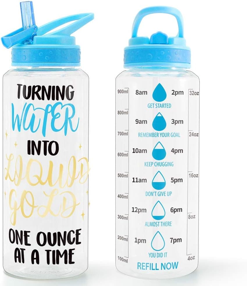 Home Tune 32oz Motivational Water Bottle with Straw & Time Marker, BPA FREE Tritan & Dustproof Flip Straw & Leak Proof & Carry Handle & Pretty Design & Easy Clean (Liquid Gold)