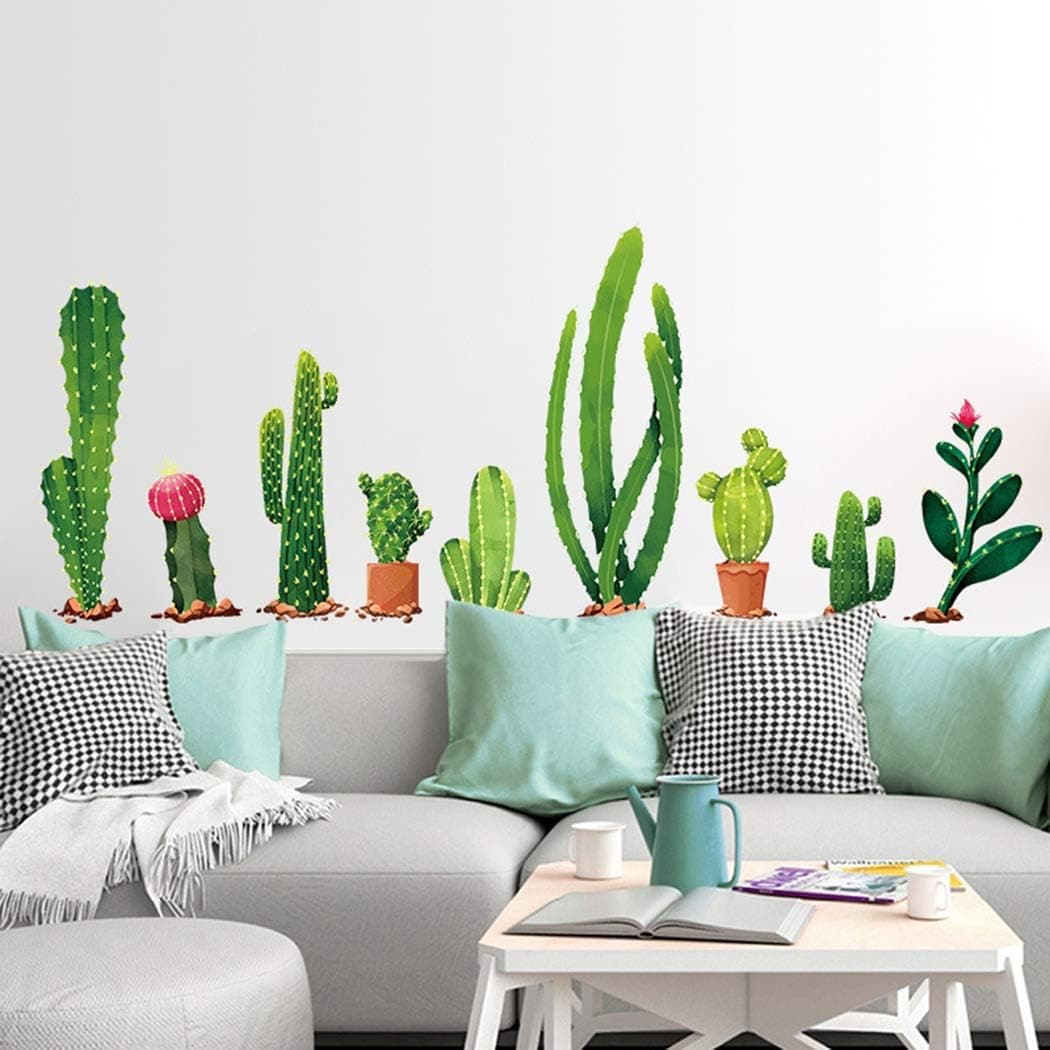 Dosminer Cactus Wall Decals, Cartoon Green Plants Wall Stickers DIY Tropical Wall Art Murals for Bedroom Living Room, Removable Wall Posters Home Decorations