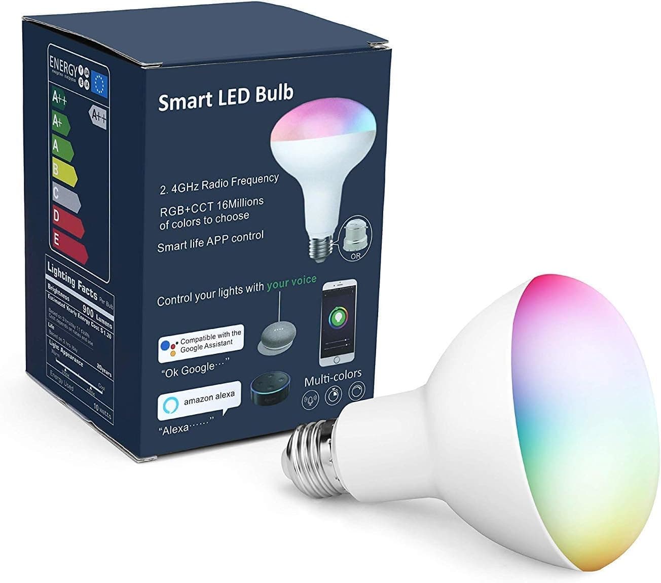 Torkase Smart BR30 Light Bulb Compatible with Alexa & Google Home-No Hub Required, 2.4Ghz Only, 80-Watt Equivalent, RGBCW Multi-Color Changing LED Bulbs, Voice Control and App Control, 1Pack