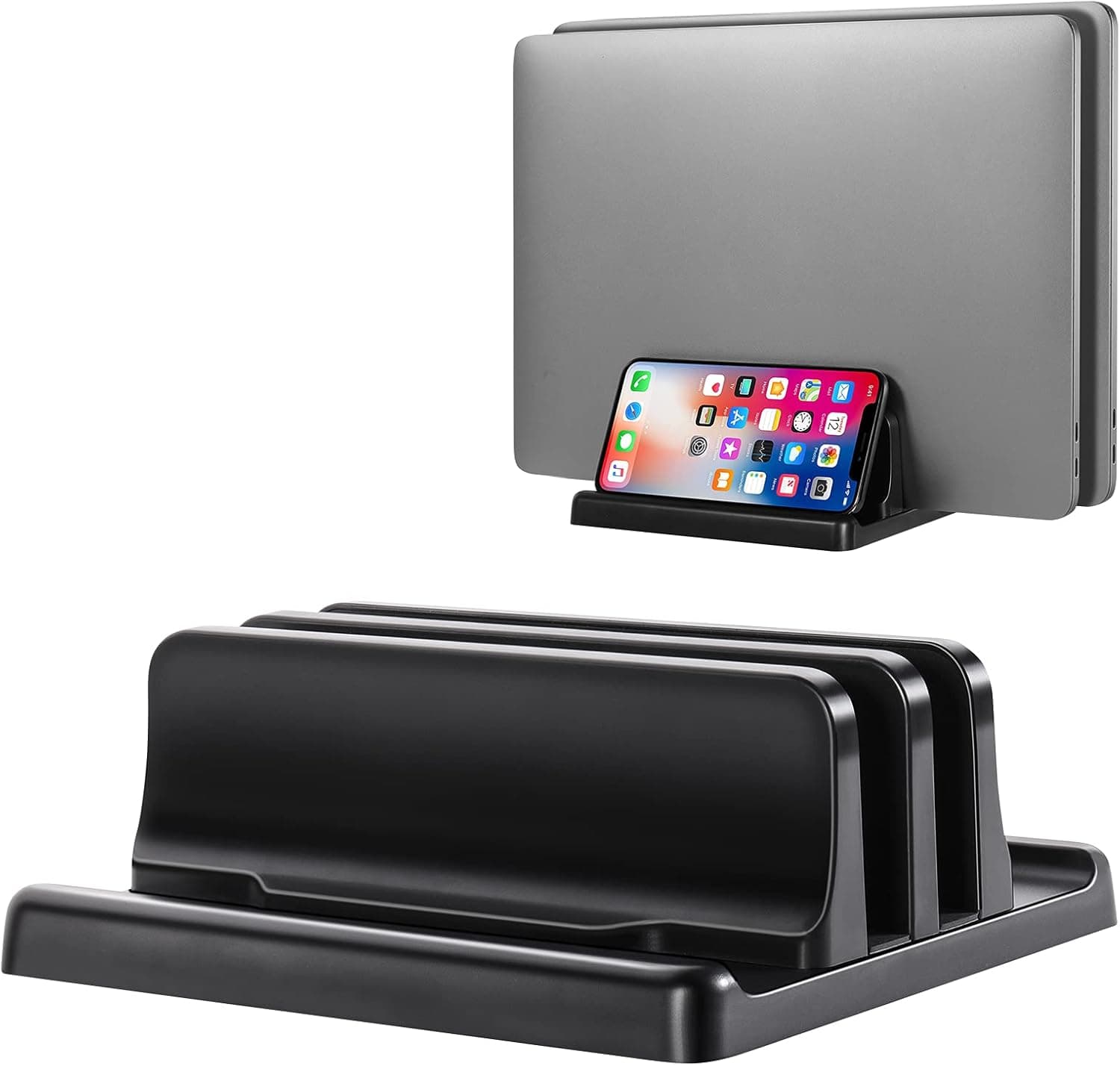 ENUSUNG Vertical Laptop Stand Adjustable Double-Slot Laptop Dock Made of Plastic 4 in 1 Design Laptop Holder Space-Saving for Laptop/MacBook/Surface/iPad up to 17.3 Inches - Black