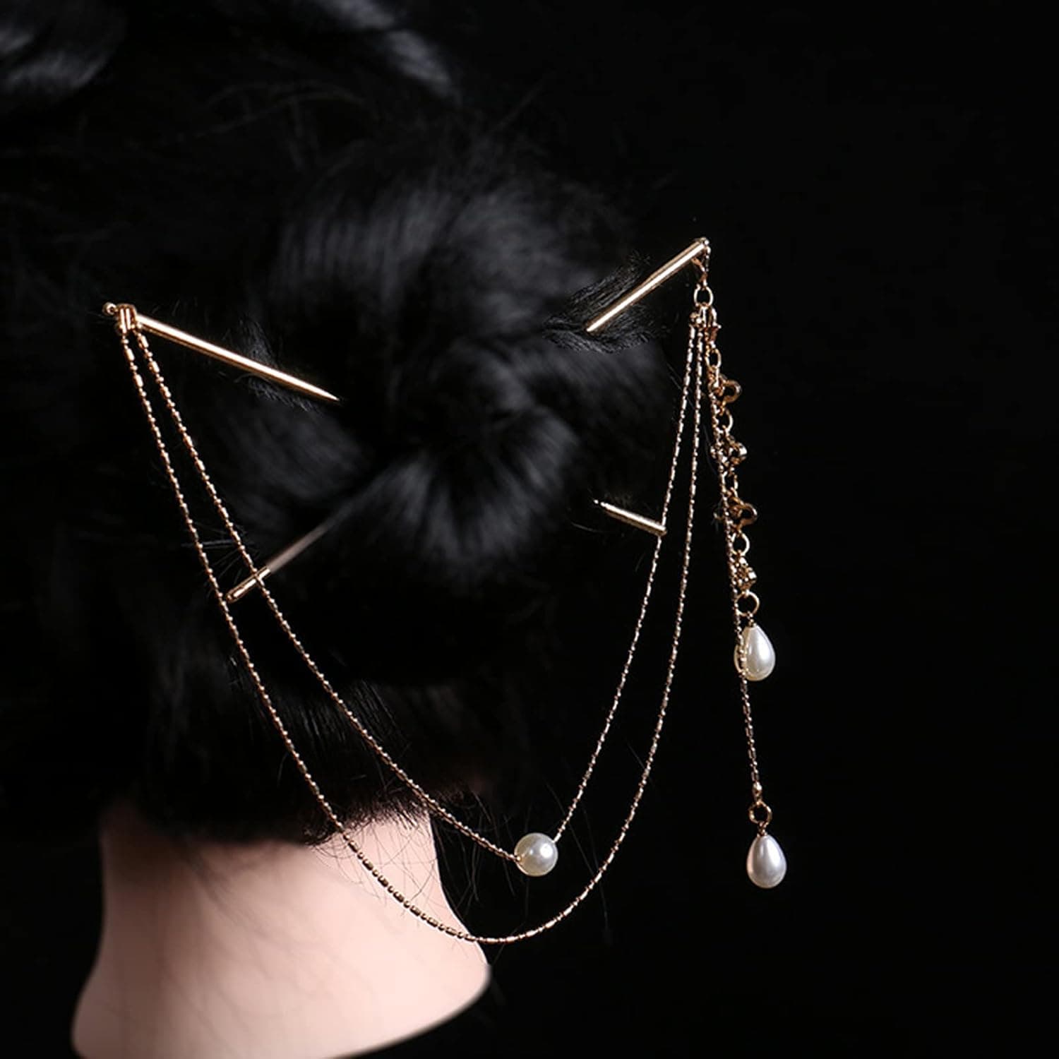 Chinese Hair Sticks with Tassel, Double Chain Hair Pin Vintage Tassel Hair Chopsticks Hanfu Chignon Hair Styling Accessories#1