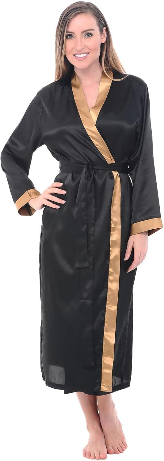 Alexander Del Rossa Womens Satin Robe, Long Contrast Trim Loungewear, Small Black (A0731BLKSM)