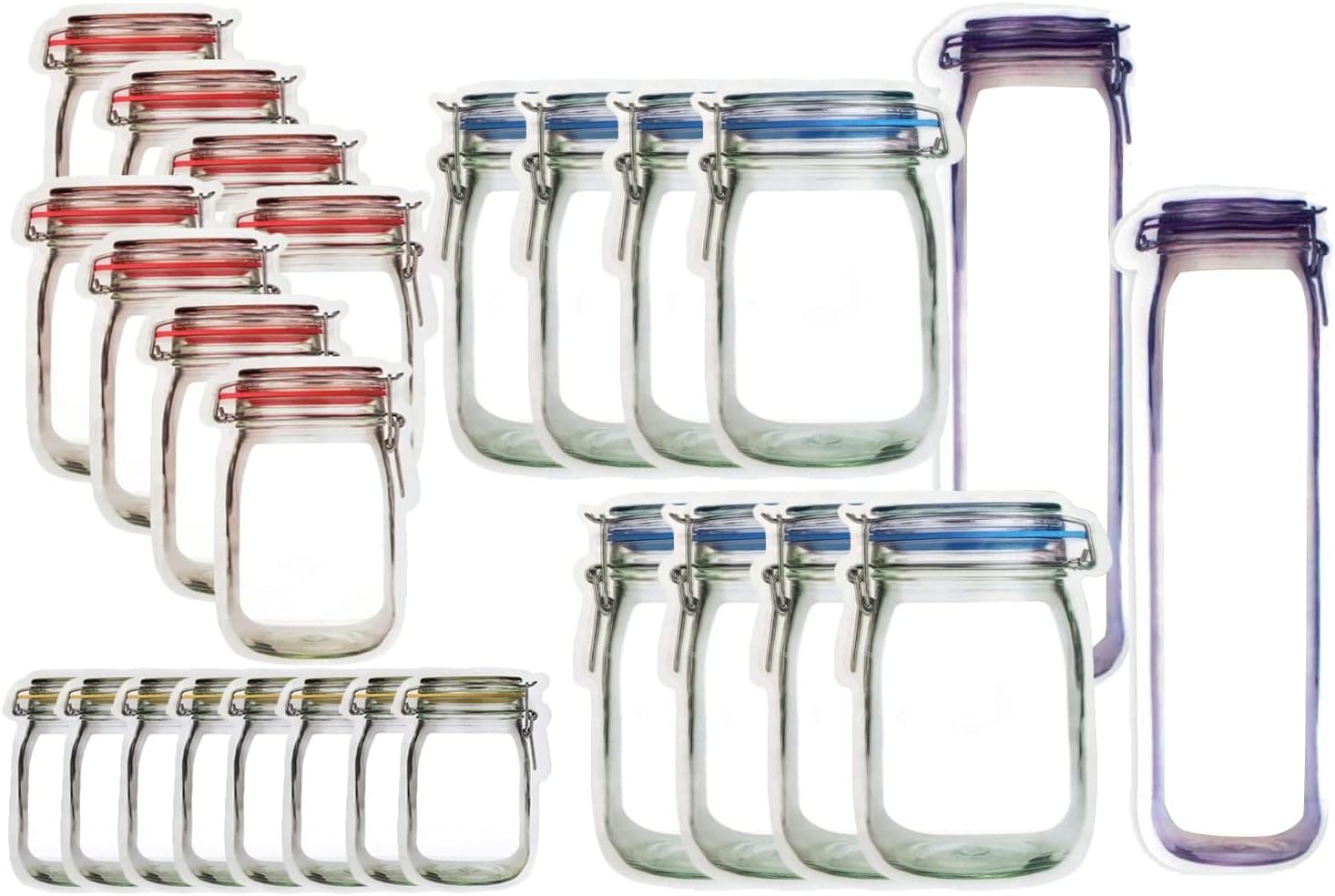 JOERSH 26PCS Mason Jar Ziplock Bags Reusable Storage for Food Snack - Airtight Fresh Seal Bags for Travel Camping or Picnic - Bottles Shaped Zipper Bags