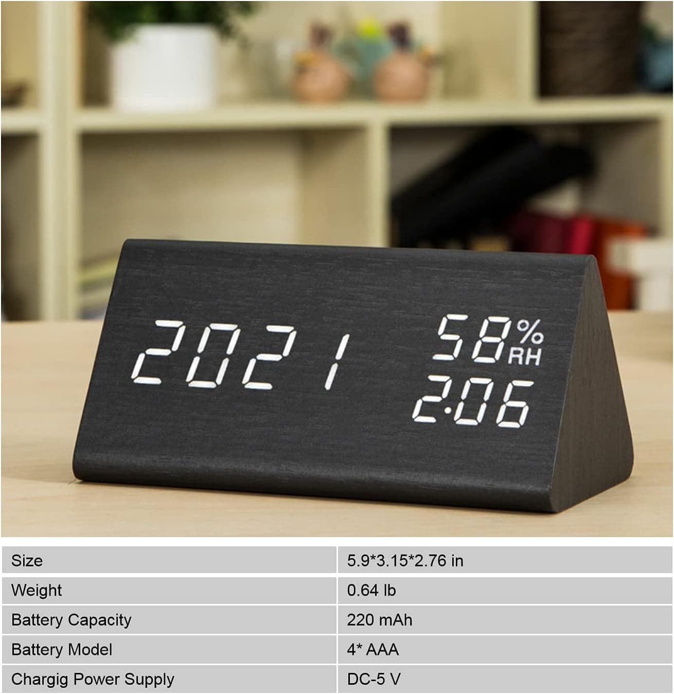 Livsmon Wooden Digital Alarm Clock with LED time Display, 3 Brightness Adjustable, 3 Alarm Settings, Sound Control, Temperature and Humidity Detector (Black)