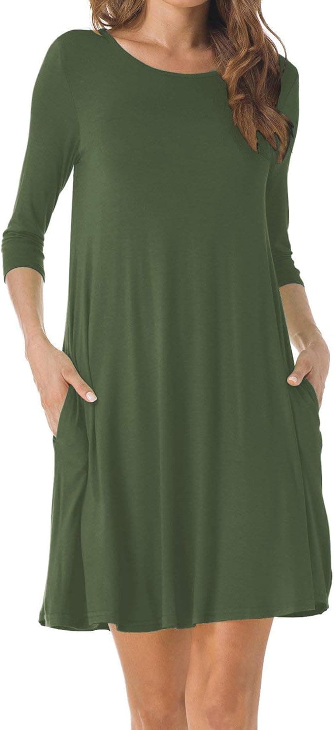 TINYHI Women's O-Neck 3/4 Sleeves Tunic Pocket Loose Casual Swing Tshirt Dress