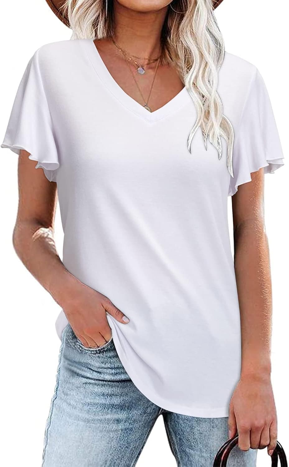 KILIG Women's 2023 Summer V Neck Tops Casual Ruffle Short Sleeve Tunic Shirt
