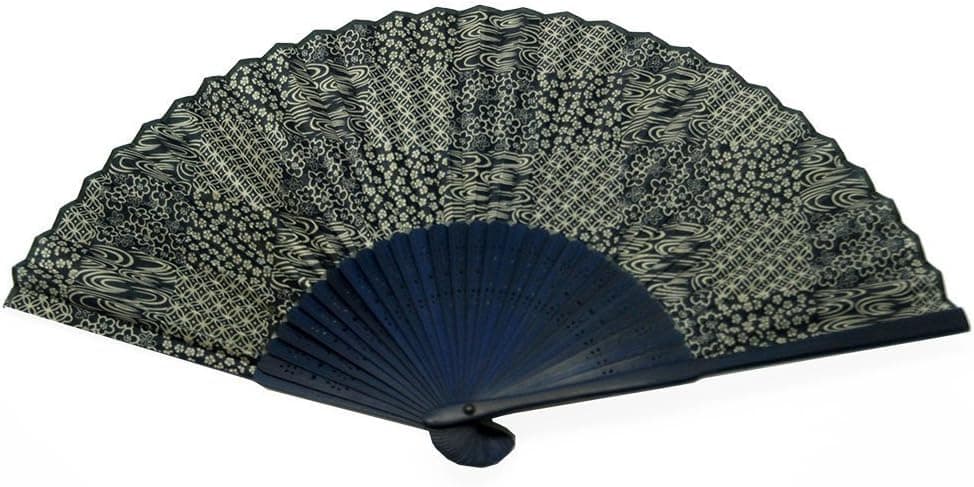World Treasure Japanese Design Silk Handheld Folding Fan, Blue Swirls and Patterns HF-205-P