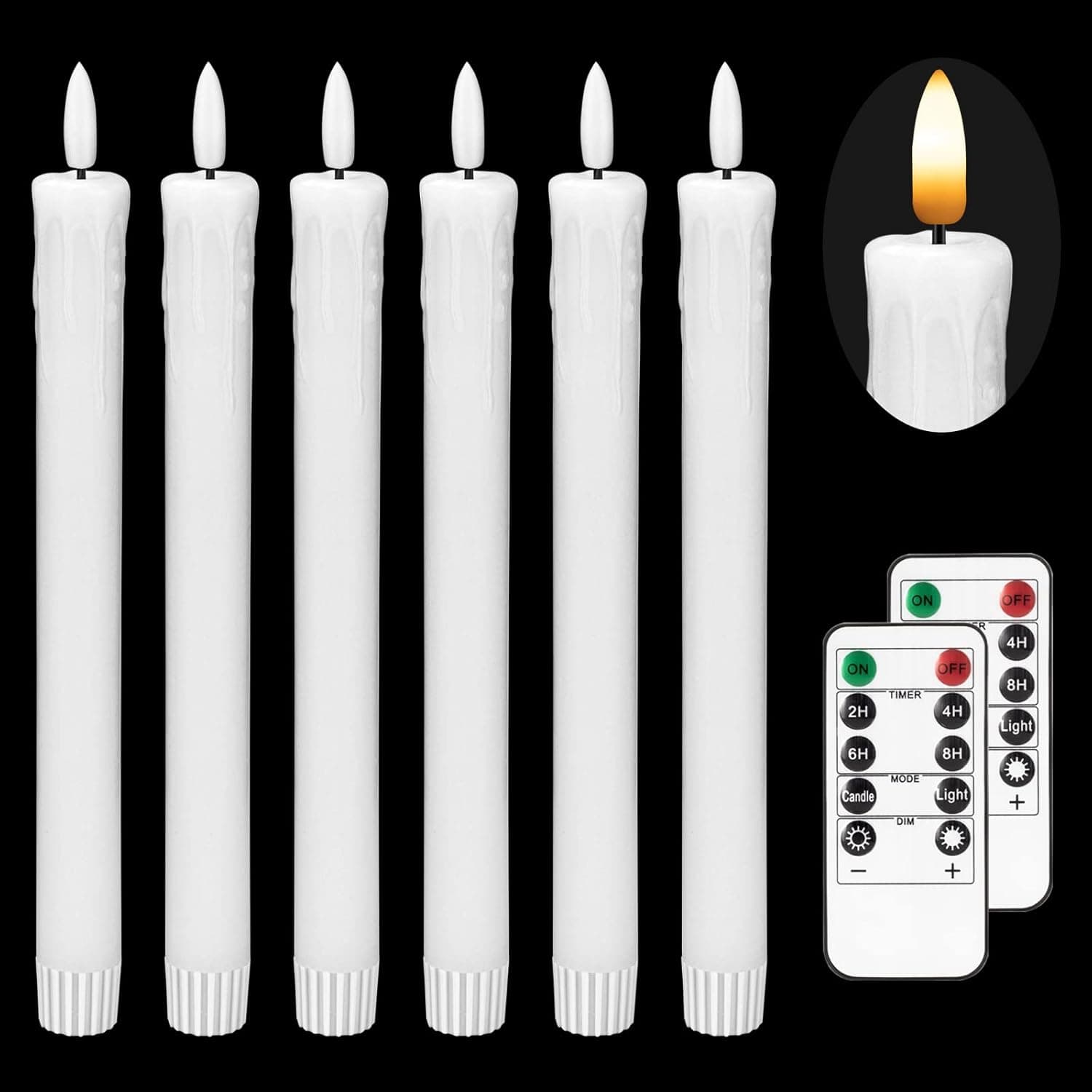 Flameless Taper Candles Flickering Battery Operated, 3D Wick Warm Light Electric Candles with 2 Remote Timer, 9.6" White Real Wax LED Candles for Christmas Home Party Wedding Decoration (6 Pack)
