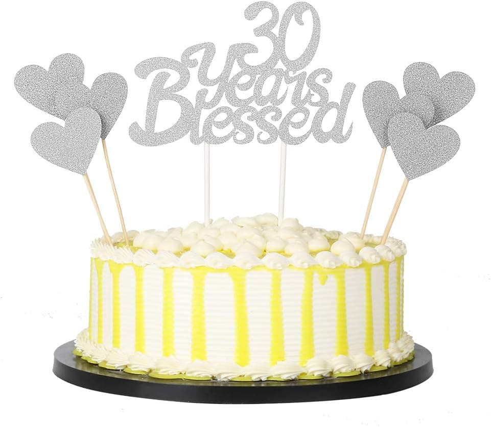 PALASASA 6pc Silver Love Star And Silver Single Sided Glitter 30 Years Blessed Cake Topper For Happy 30th Birthday - Wedding Anniversary Party Decorations Set of 7 (30th)