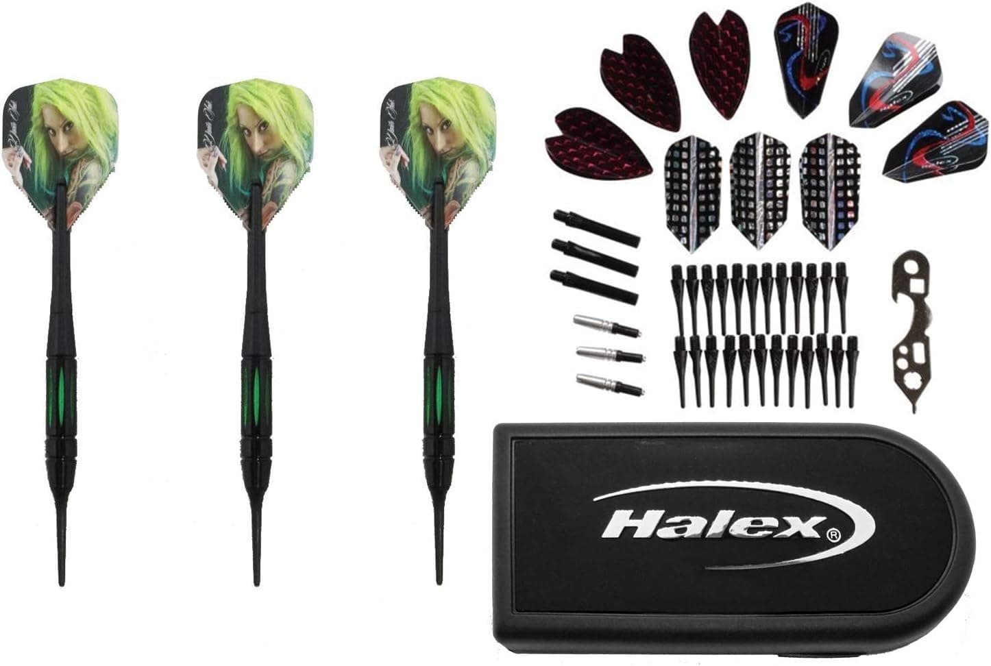 1 Set of 3 AO Black / Green Coated Brass 2ba Soft Tip 16 gram Dart Set - INK Tattoo Green Hair Girl flights, Case and accessory kit