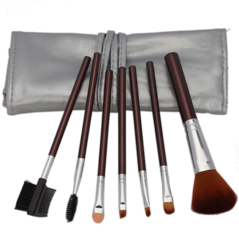 Professional 7 Pcs Makeup Make up Cosmetic Brushes Set Kit Eyeshadow Eyelash Eyebrow Lip Powder Blush Face Brush with Silver Bag Case Pouch