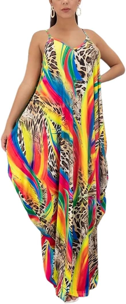 Colorful Maxi Dress for Women Sexy Rainbow Print Sleeveless Stripe Floor Length Plus Size Sundresses with Pockets