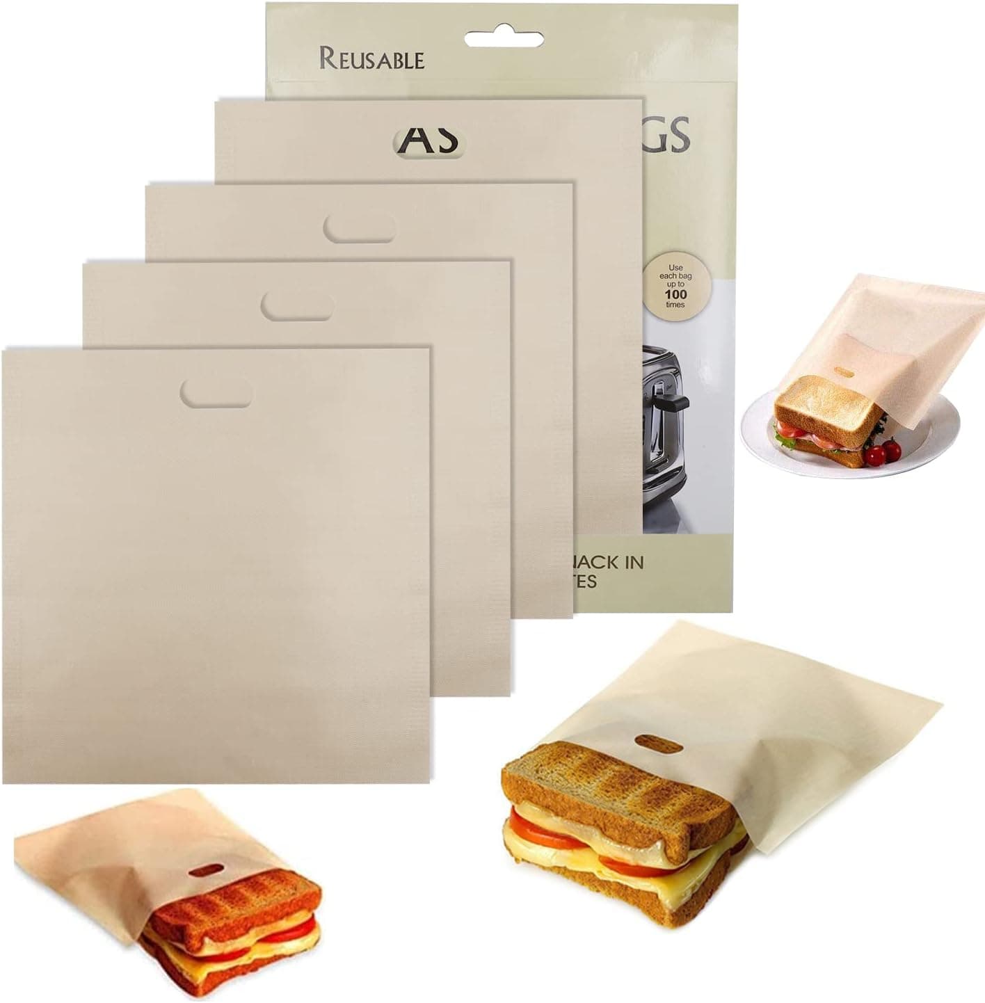Tezam Toaster Bags Reusable for Grilled Cheese Sandwiches | Safest On The Market - 100% BPA & Gluten Free | Non Stick Toast Bag (4PCS)