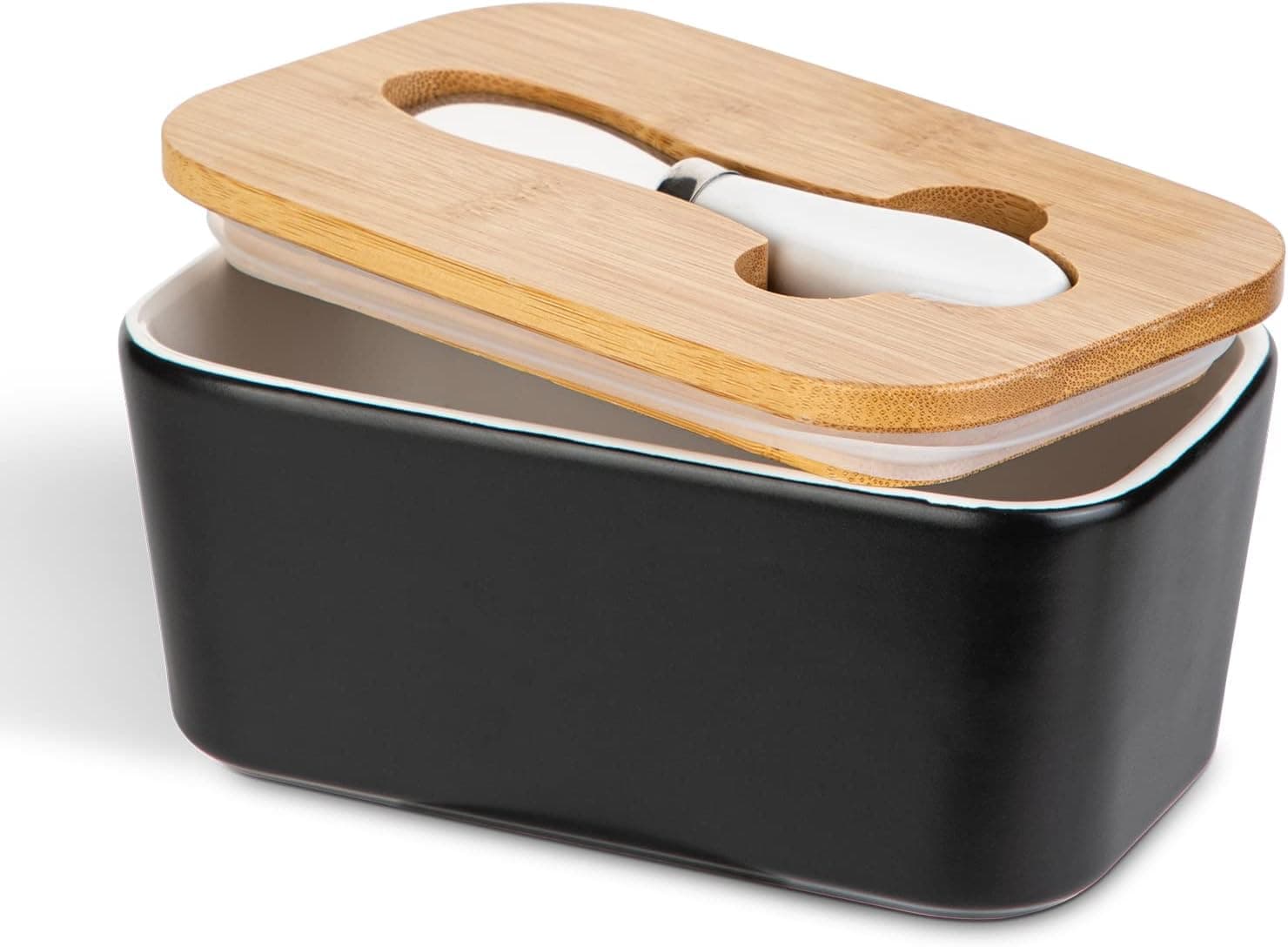 Porcelain Butter Dish with Knife & Wooden Lid, Henten Home Airtight Butter Keeper for Countertop, Large Butter Holder for East West Coast Butter(Matte Black)
