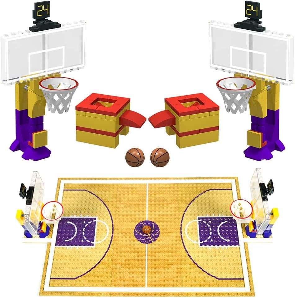 Building Block Education Toy - Basketball Court Baseplates 5" X 10" (3 Pack) and Sets of 2 Basketball Stands Building Bricks for Basketball Game - Compatible with Major Brands (Basketball Playset)