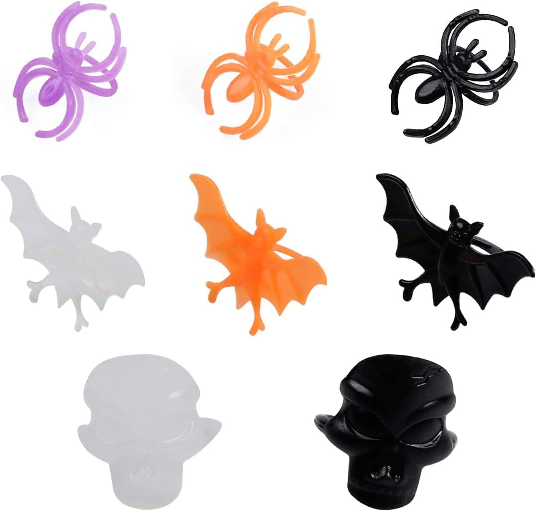 Spider Bat Skull Rings – Halloween Trick or Treat Party Favors Cupcake Topper Supplies Decorations