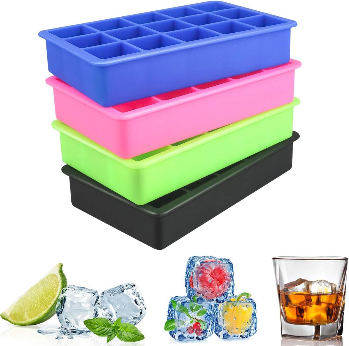 Winkeyes Easy to Remove Silicone Ice Cube Trays 15-Ice Trays, BPA Free No Odor Large Ice Cube Molds Dishwasher Safe for Whiskey,Cocktail, Oxo and Coffee Drinks - 4 Pack