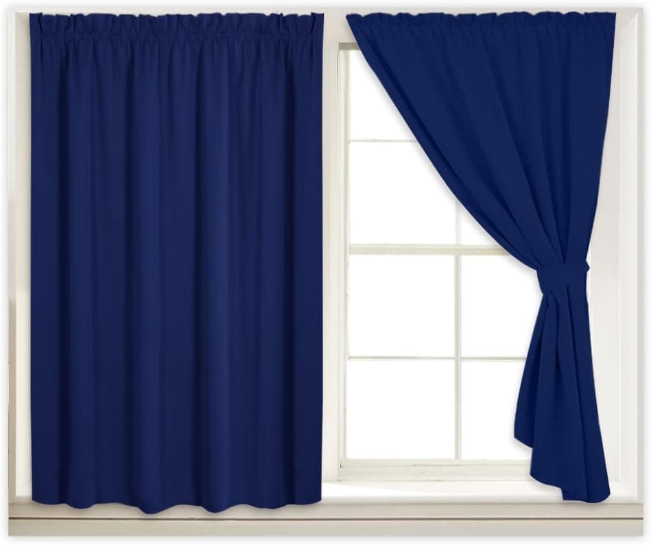 RYB HOME Self Adhesive Blackout Curtains for Bedroom Living Room, Privacy Wall Panels for Bathroom with Tiebacks & Sticky Strap, 40 x 54 in, Navy Blue, 2 Pcs