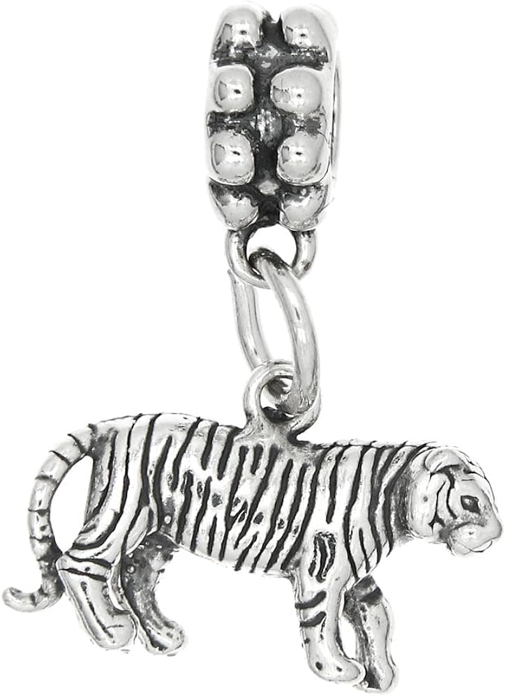 LGU Sterling Silver Oxidized Tiger Dangle Bead Charm